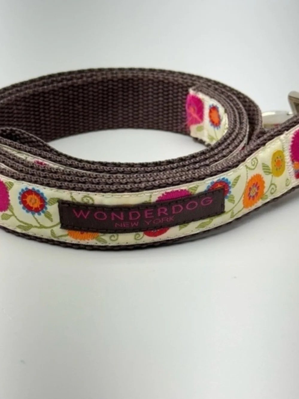 Floral Dog Collar and Leash Set - Brown with Pink & Orange Flowers